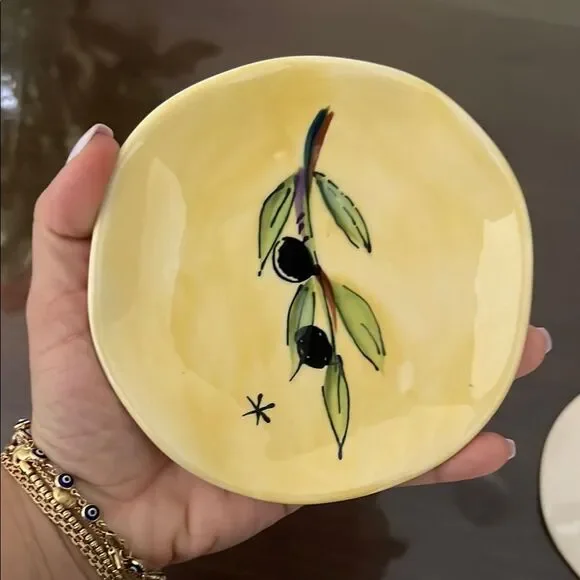 Vintage Julia Junkin Yellow Appetizer plates olive tree branch bundle of 3 - Picture 3 of 5